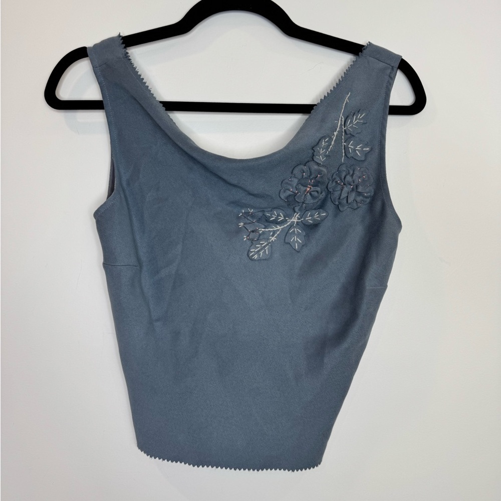 Vintage BCBG faux suede open tie back flower appliqué Blue tank Top
